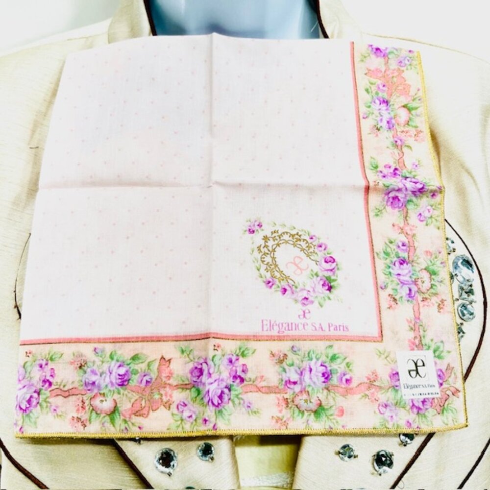 New W/ Box ee Elegance S. A  Paris Handkerchief 19" Cotton light pinkFlora  (21 - Picture 3 of 7